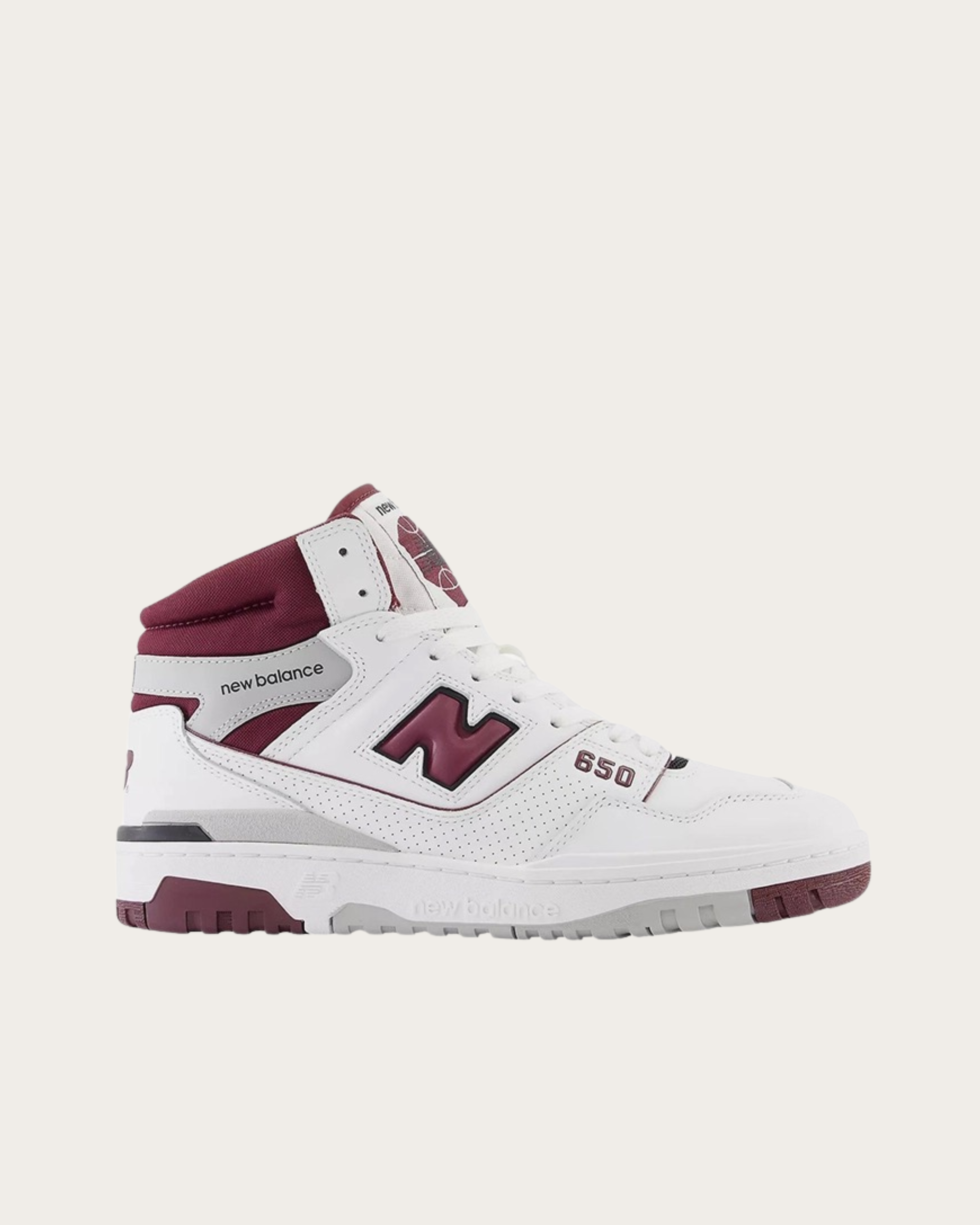 New Balance- 650 White with Burgandy and Raincloud